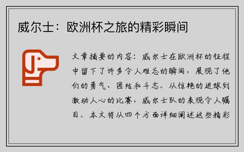 威尔士：欧洲杯之旅的精彩瞬间
