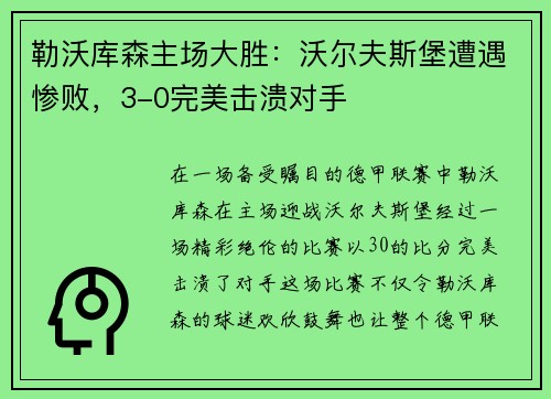 勒沃库森主场大胜：沃尔夫斯堡遭遇惨败，3-0完美击溃对手