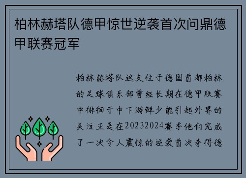 柏林赫塔队德甲惊世逆袭首次问鼎德甲联赛冠军